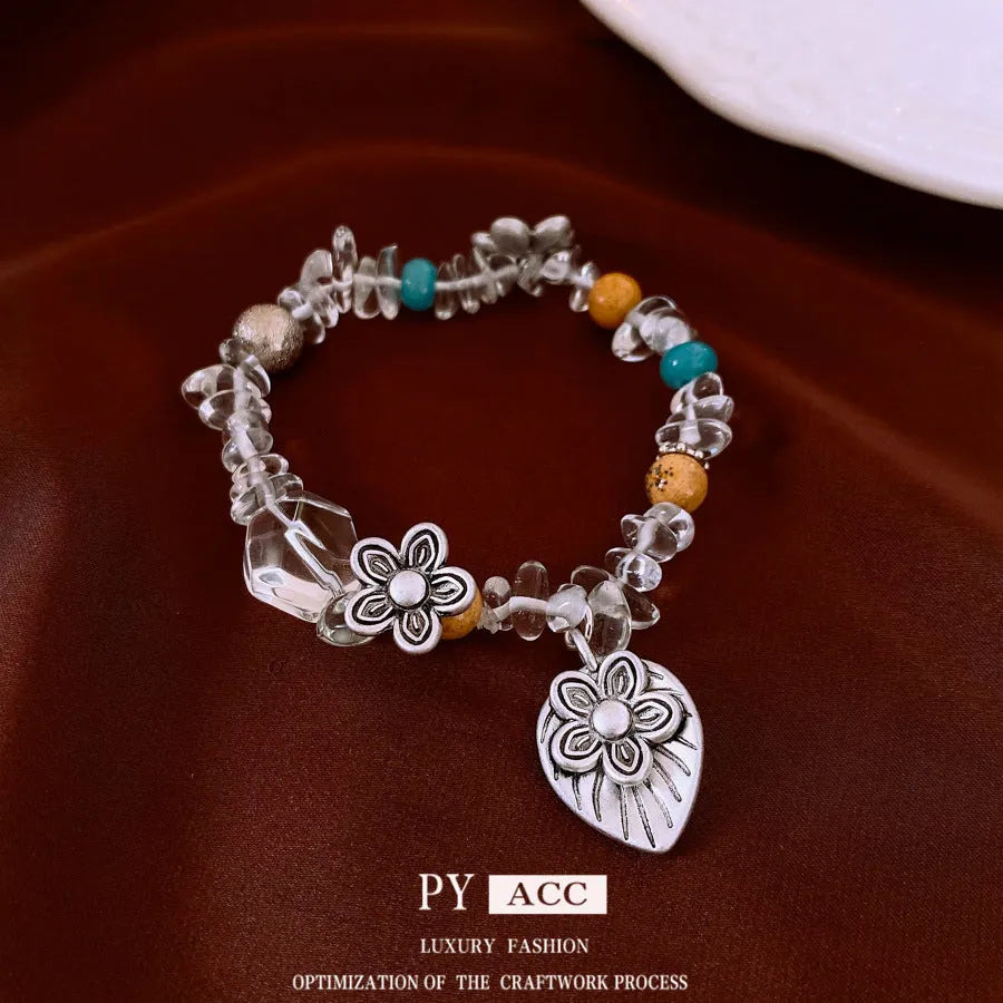 Retro ethnic style gravel flower bracelet for women, alloy electroplated, blue colour variant