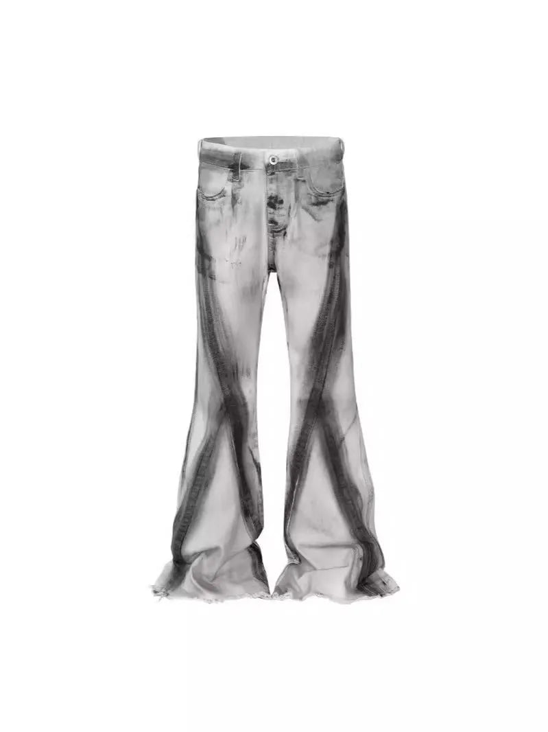 Men's white retro jeans with black gradient wash and heavy selvedge detailing on the outseam.