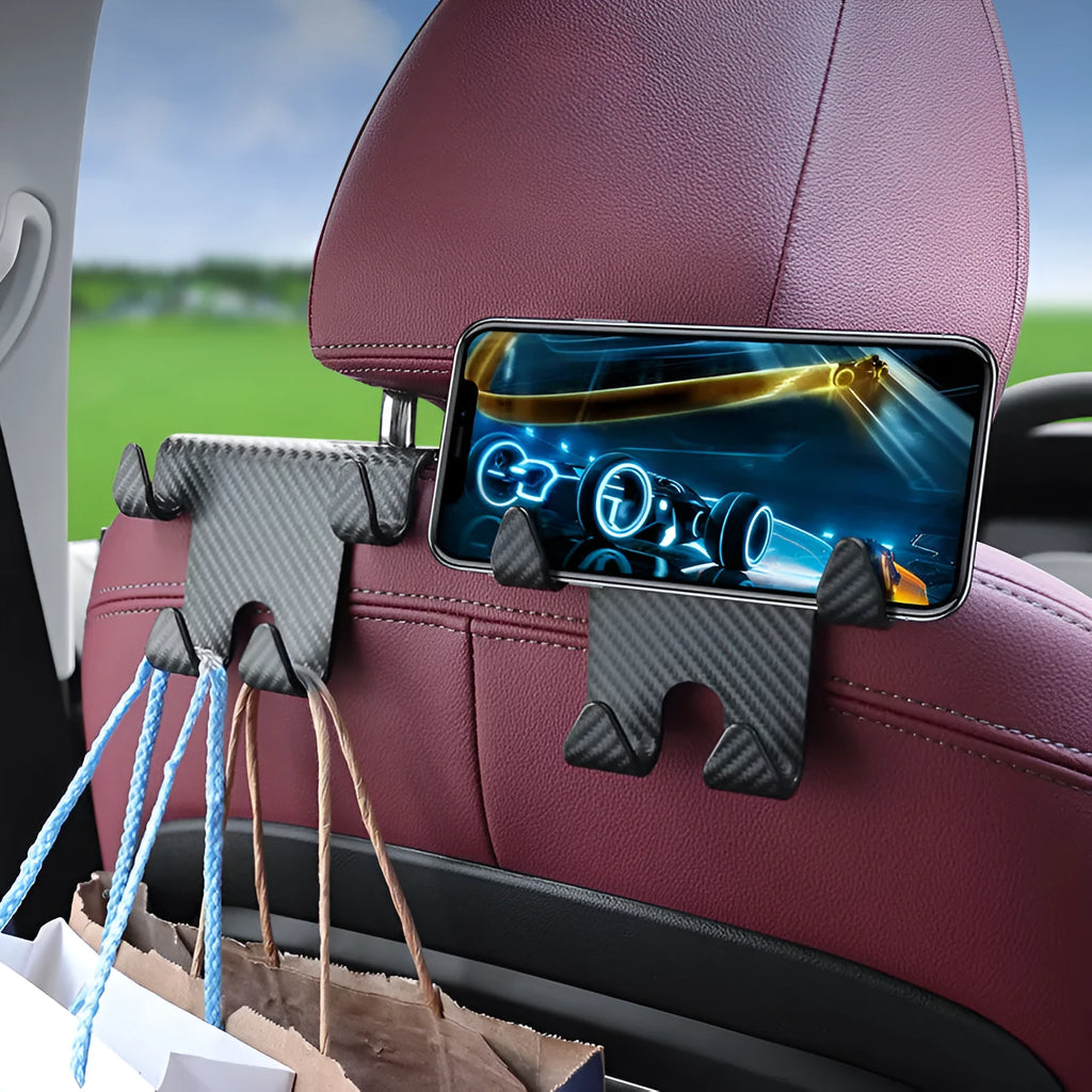 Black car multifunction hook bracket with integrated phone holder for rear seat storage