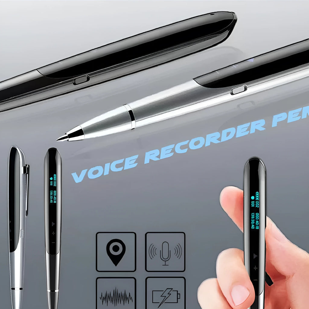 Black and silver lossless recording pens with OLED display screens on a plain background.