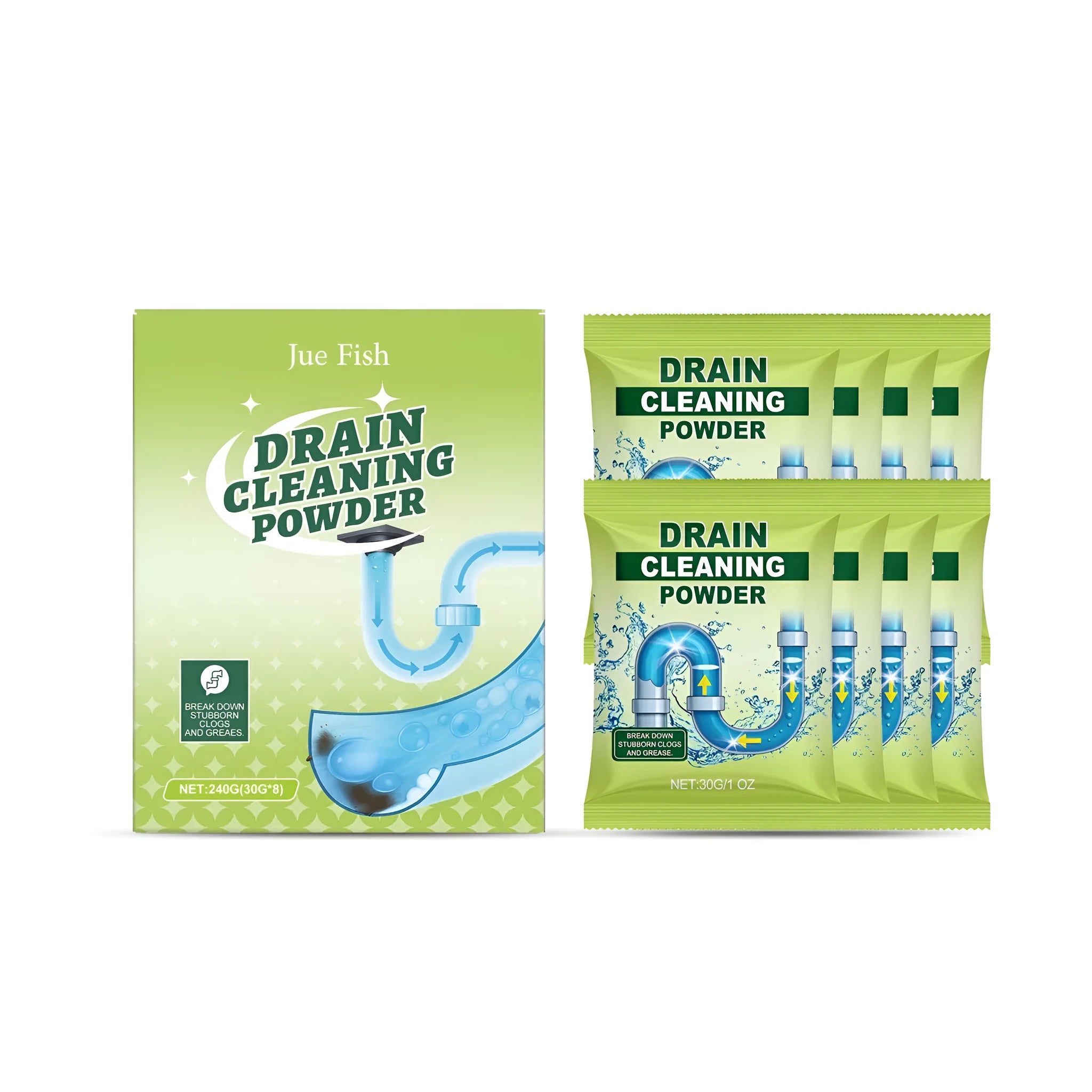 Drain cleaning powder pack with eight 30g sachets showing chemical drain unblocker