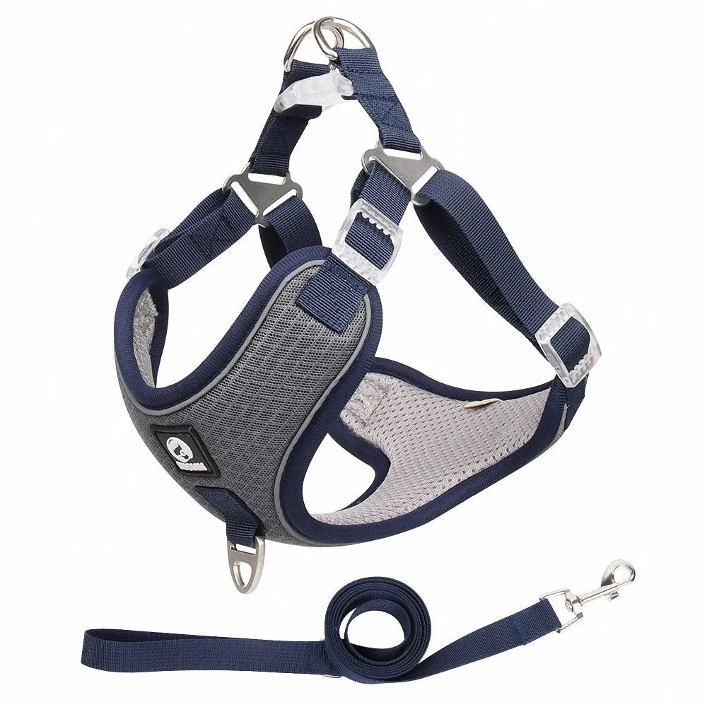 Adjustable mesh dog harness with reflective piping on a small dog, shown in light purple colour