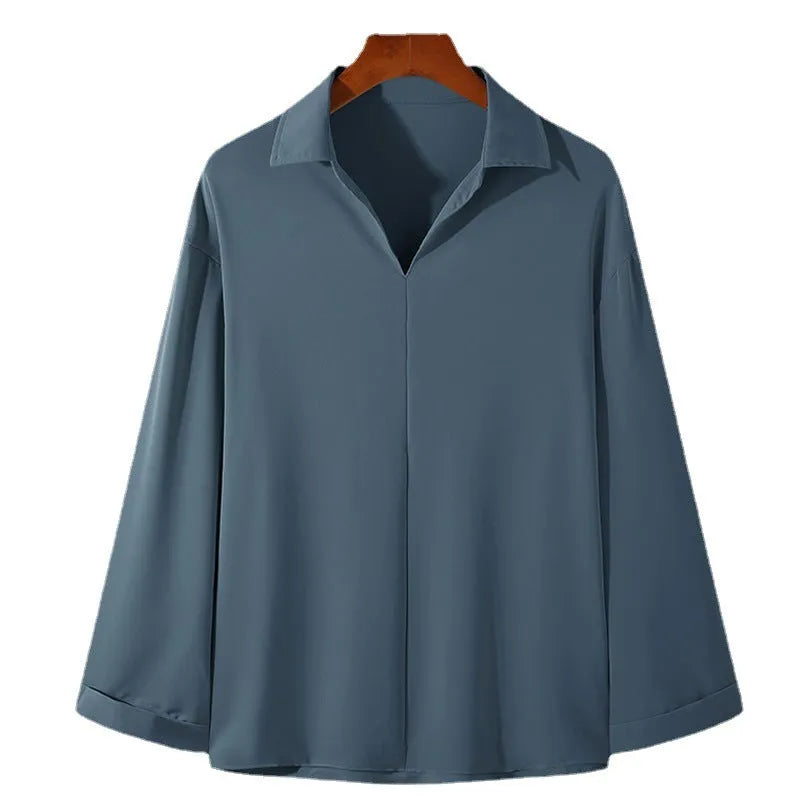 Men's loose lapels casual shirt in polyester blend fabric with long sleeves