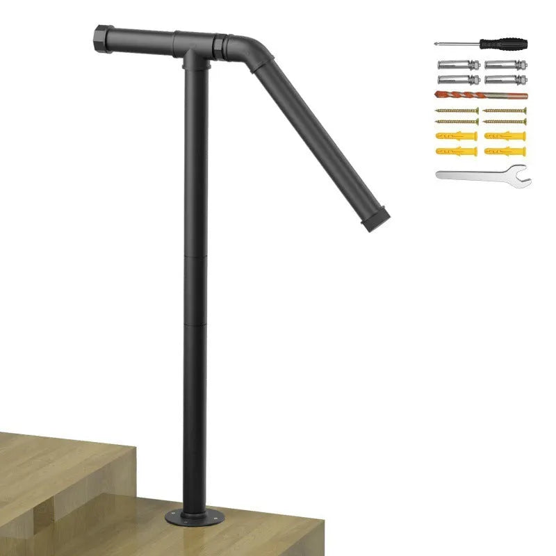 Black metal ladder support with minimalist American style design for stabilising ladders on household stairs