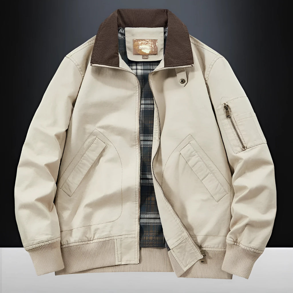 Men's camel coloured washed cotton baseball style jacket showing front view.