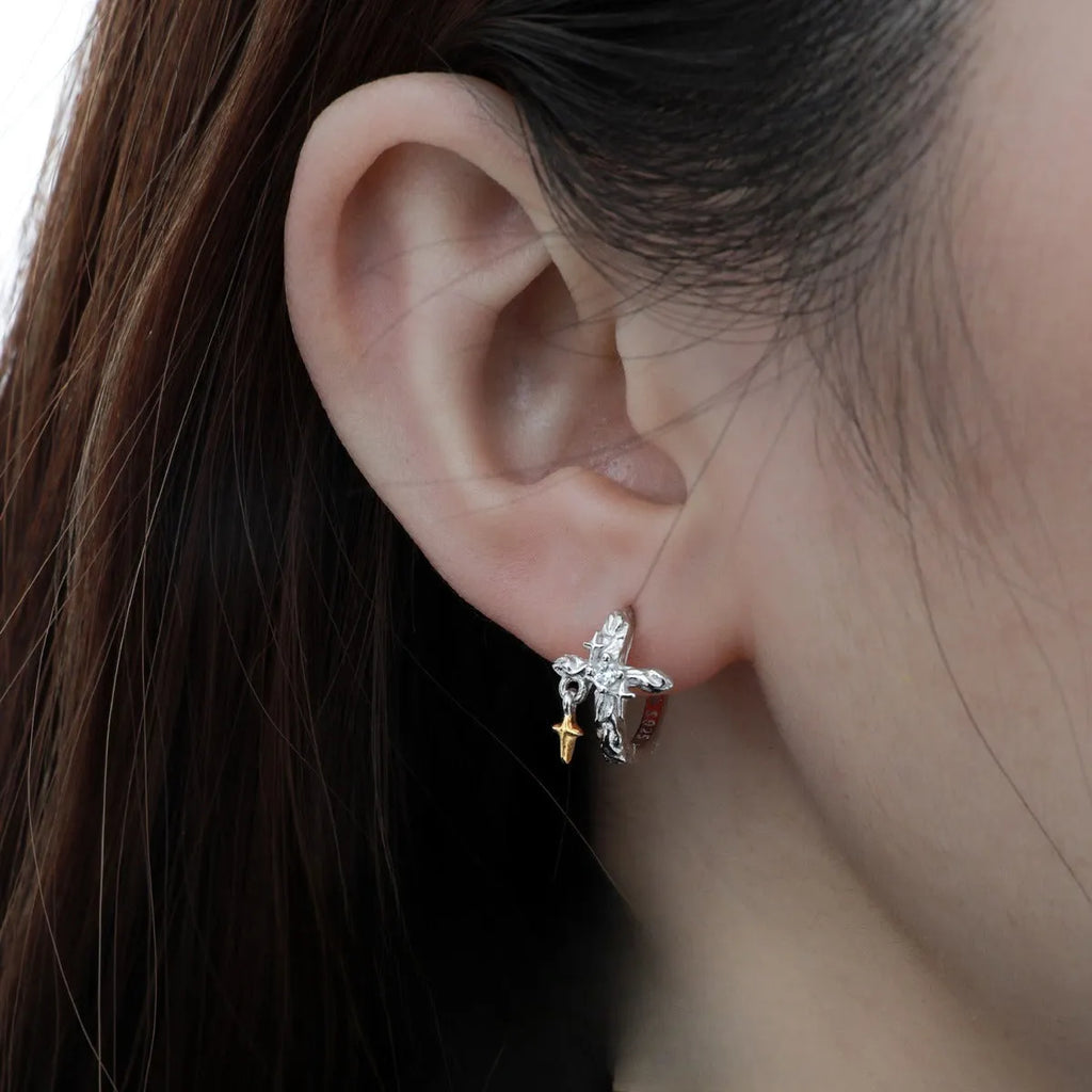 925 silver cross earrings with white gold electroplating and geometric round element design