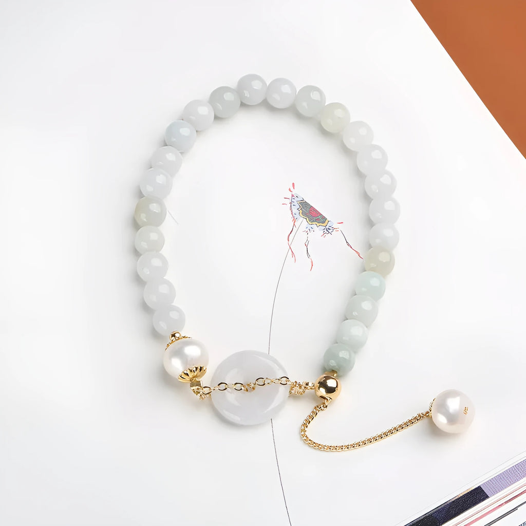 Handmade jade bracelet for women with natural emerald peace buckle and round pendant