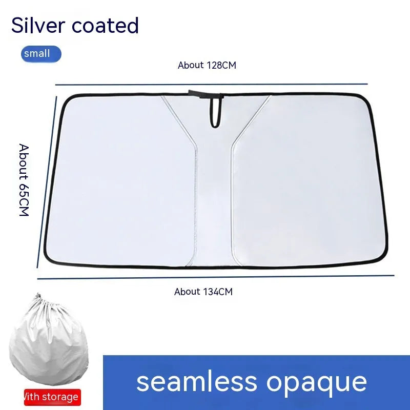 Car front sun shield made of NC fabric with a titanium silver reflective coating, shown rolled up.