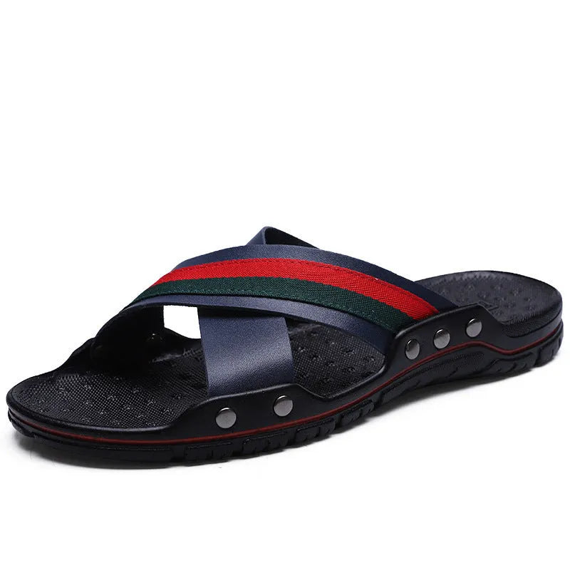 Men's cowhide leather beach flip-flops with non-slip PU soles in white, blue, and black colour options