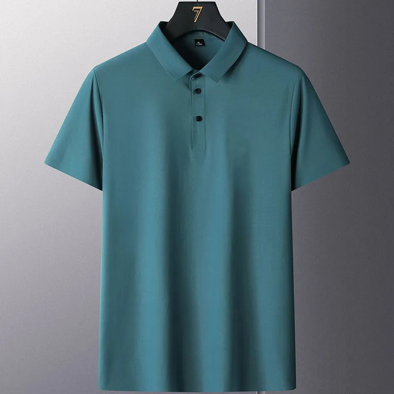 Man wearing a solid colour non-ironing short sleeve business casual shirt in a nylon blend fabric.