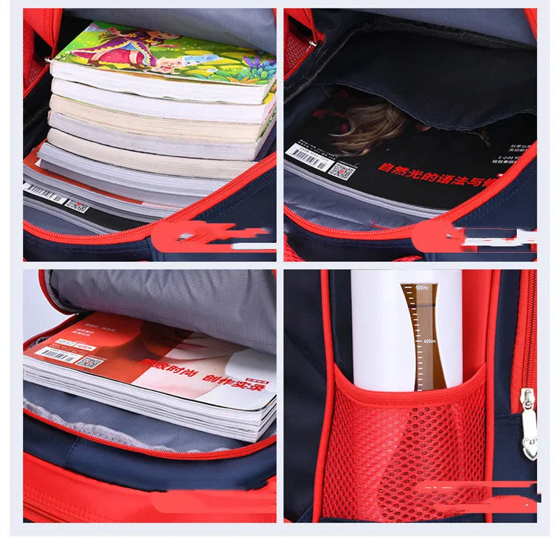 Blue cartoon print children's nylon school backpack with pencil case, shown with dimensions.
