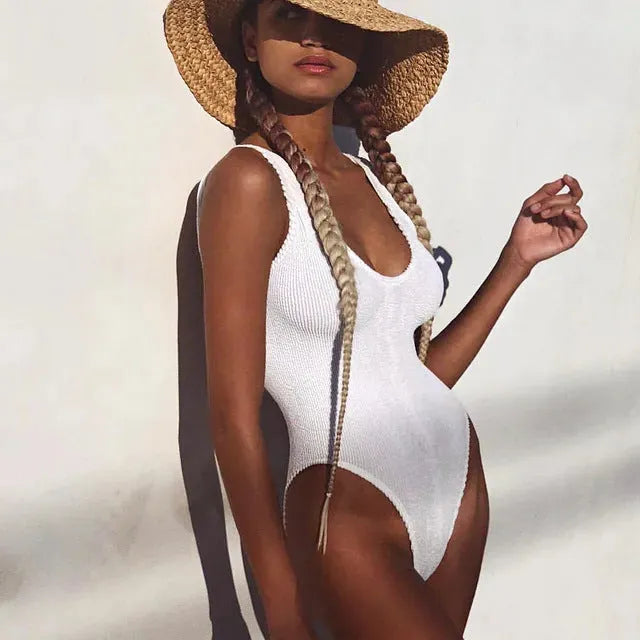 Solid colour seersucker one piece swimsuit for women, backless with high elasticity