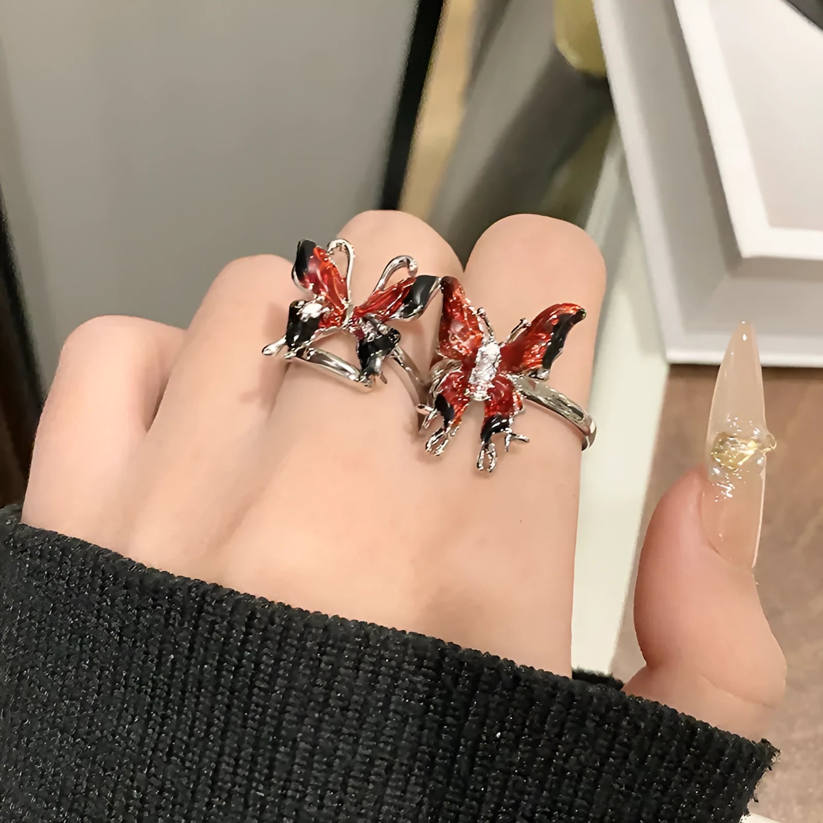 Copper women's butterfly ring with drip oil finish showing simple design and numbered style options