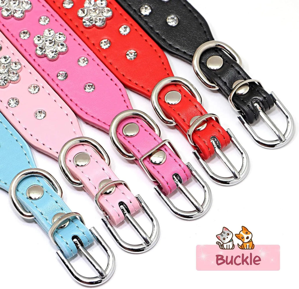 Soft black PU leather dog collar with a sparkling rhinestone flower pattern and metal studs