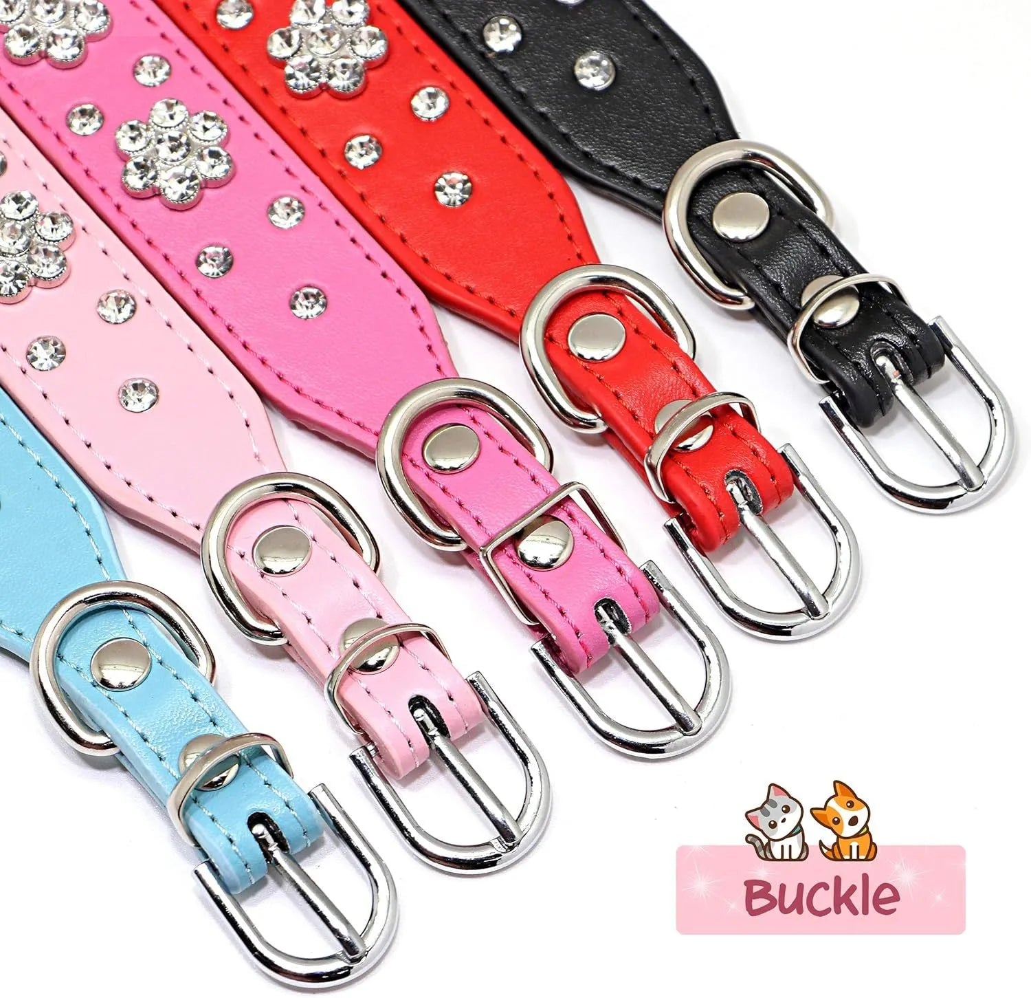 Soft black PU leather dog collar with a sparkling rhinestone flower pattern and metal studs