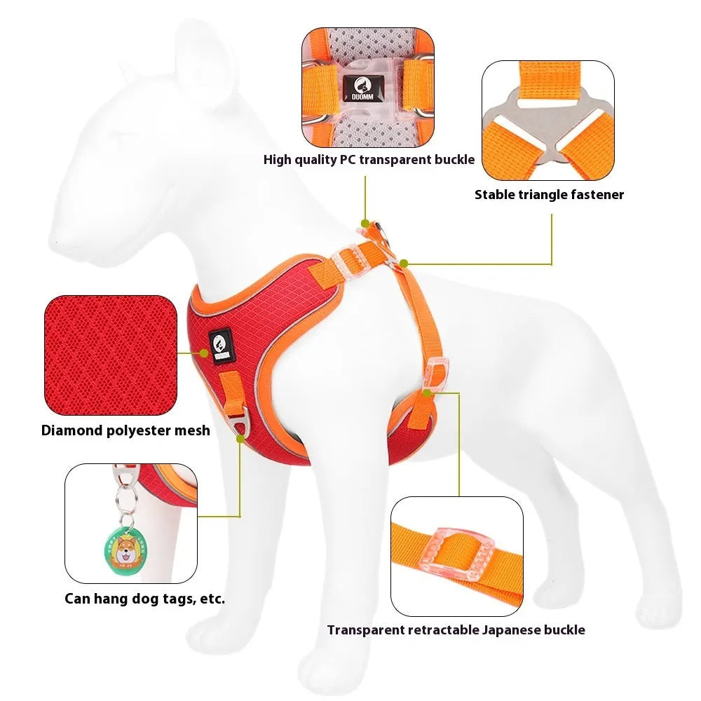Adjustable mesh dog harness with reflective piping on a small dog, shown in light purple colour