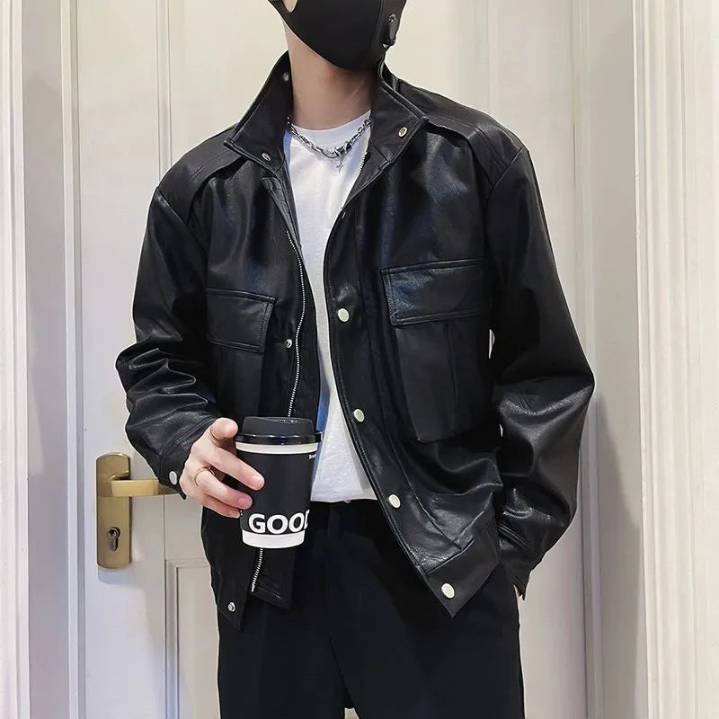 Korean style men's black pilot leather jacket with straight hem design for spring and autumn wear