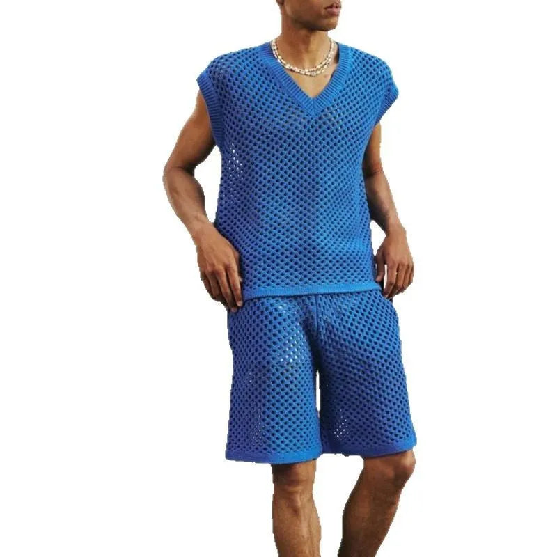 Men's blue cotton V-neck knitted vest and matching shorts set on a white background.
