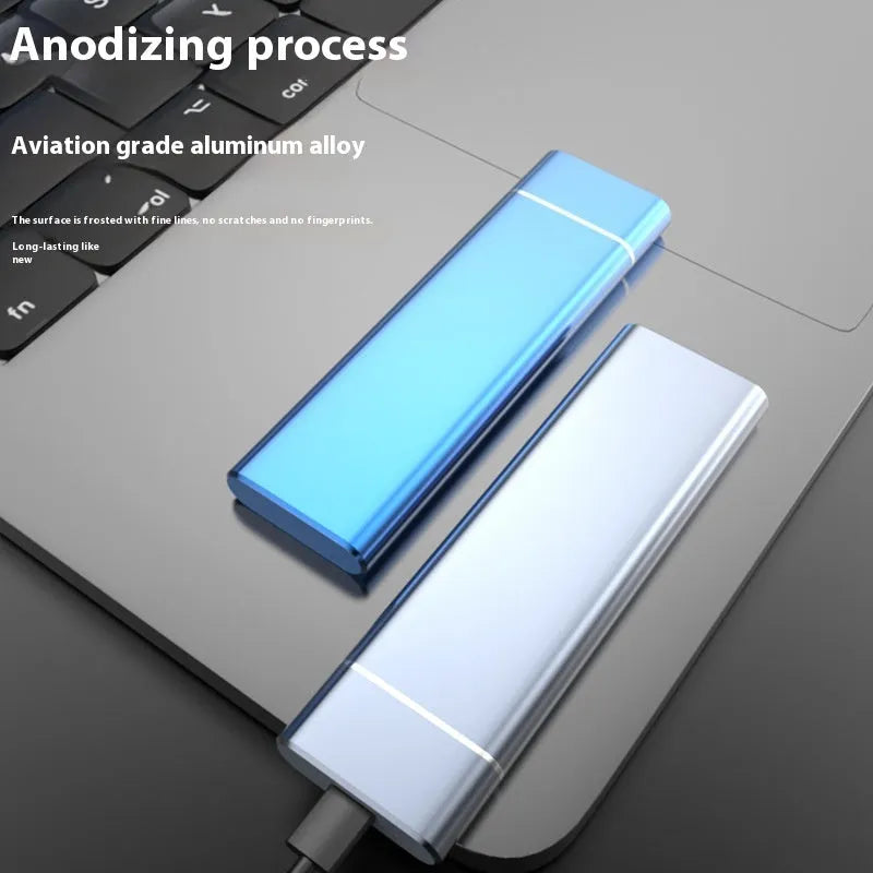 Sapphire Blue portable external hard drive with metal shell, shown next to its USB cable.