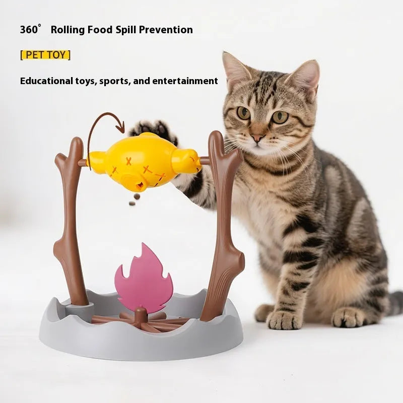 Barbecue style tumbling cat food puzzle feeder toy measuring 30cm cubed