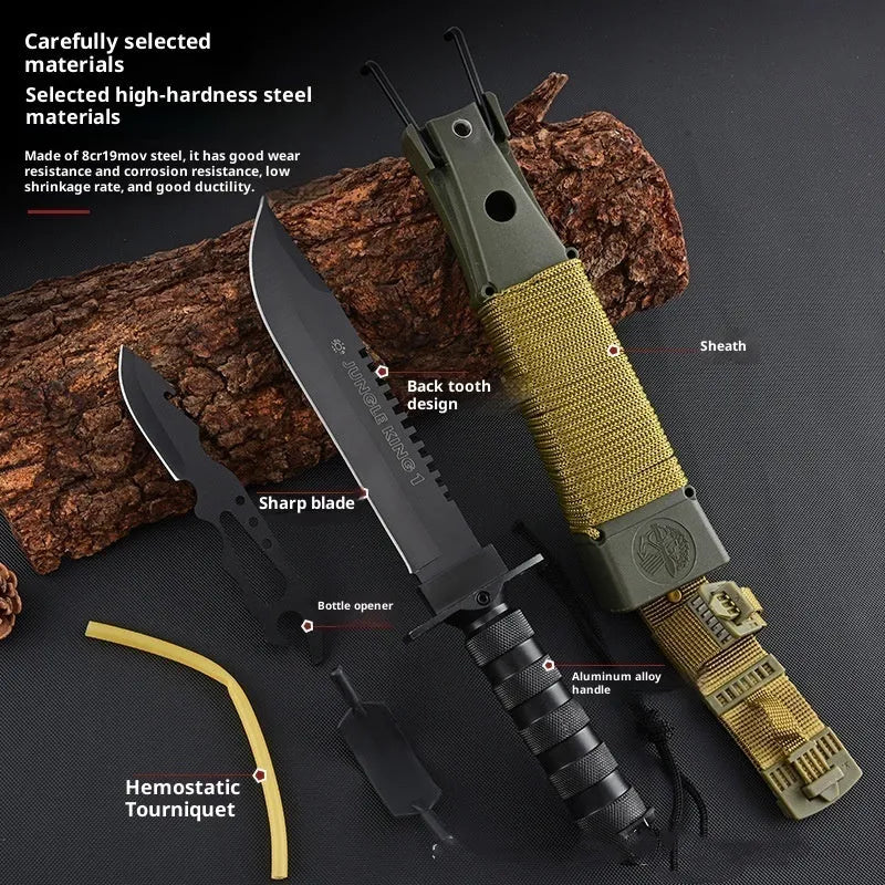 Keel integrated multifunctional small straight survival tactical knife with black aluminium handle and 8Cr19Mov steel blade