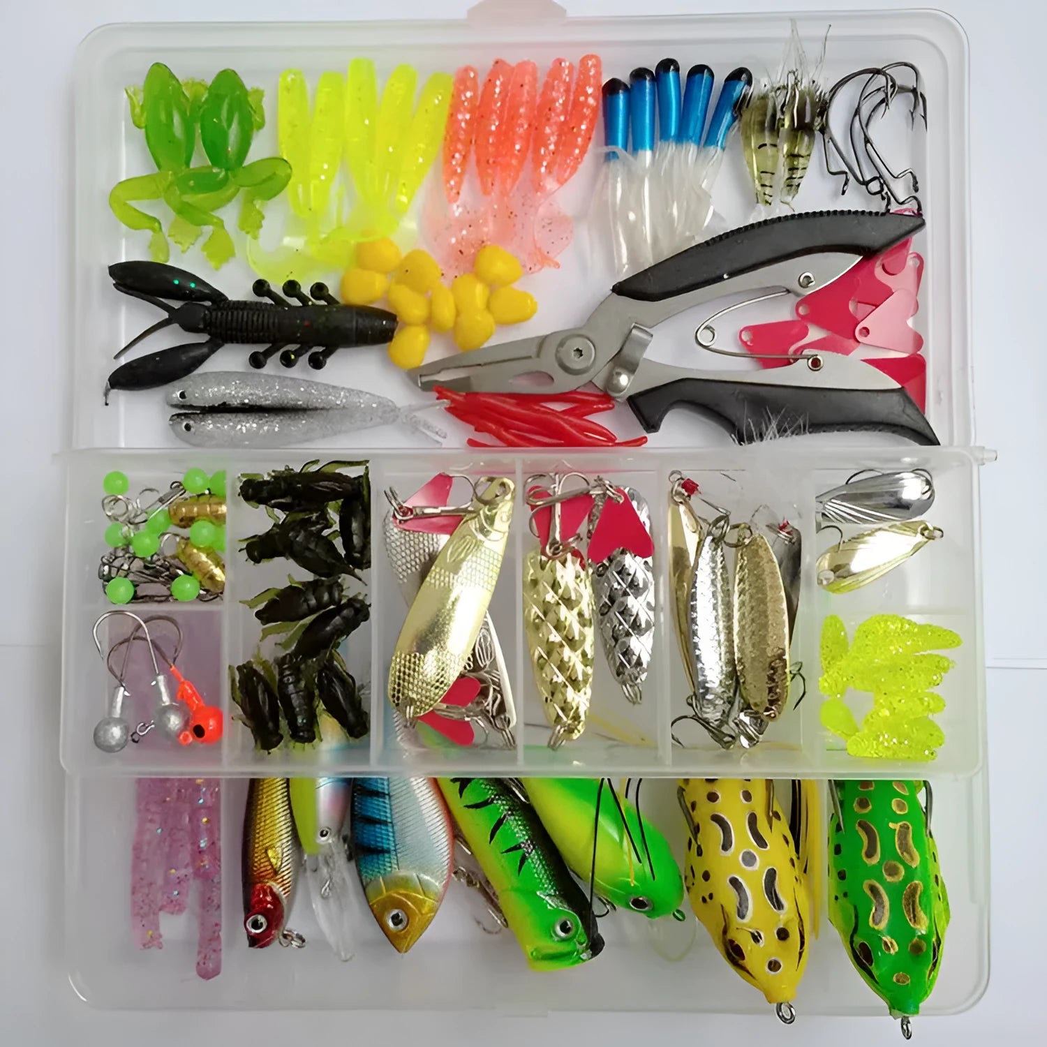 142-piece fishing lure suit set with metal fishing pliers, hard mino lures, and sequin baits on a tackle box.