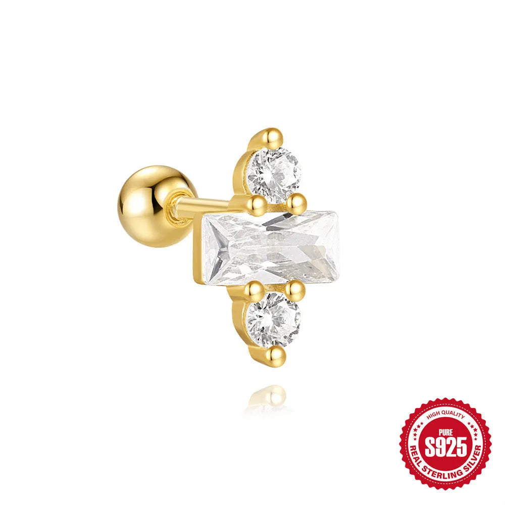 S925 sterling silver square gravel stud earrings with electroplated golden finish and flower shape design