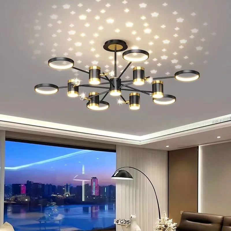 Black iron pendant ceiling chandelier with 13 light heads and remote control.
