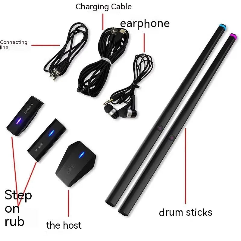 Somatosensory air drum kit with black host, two drumsticks, and LED lighting on a table