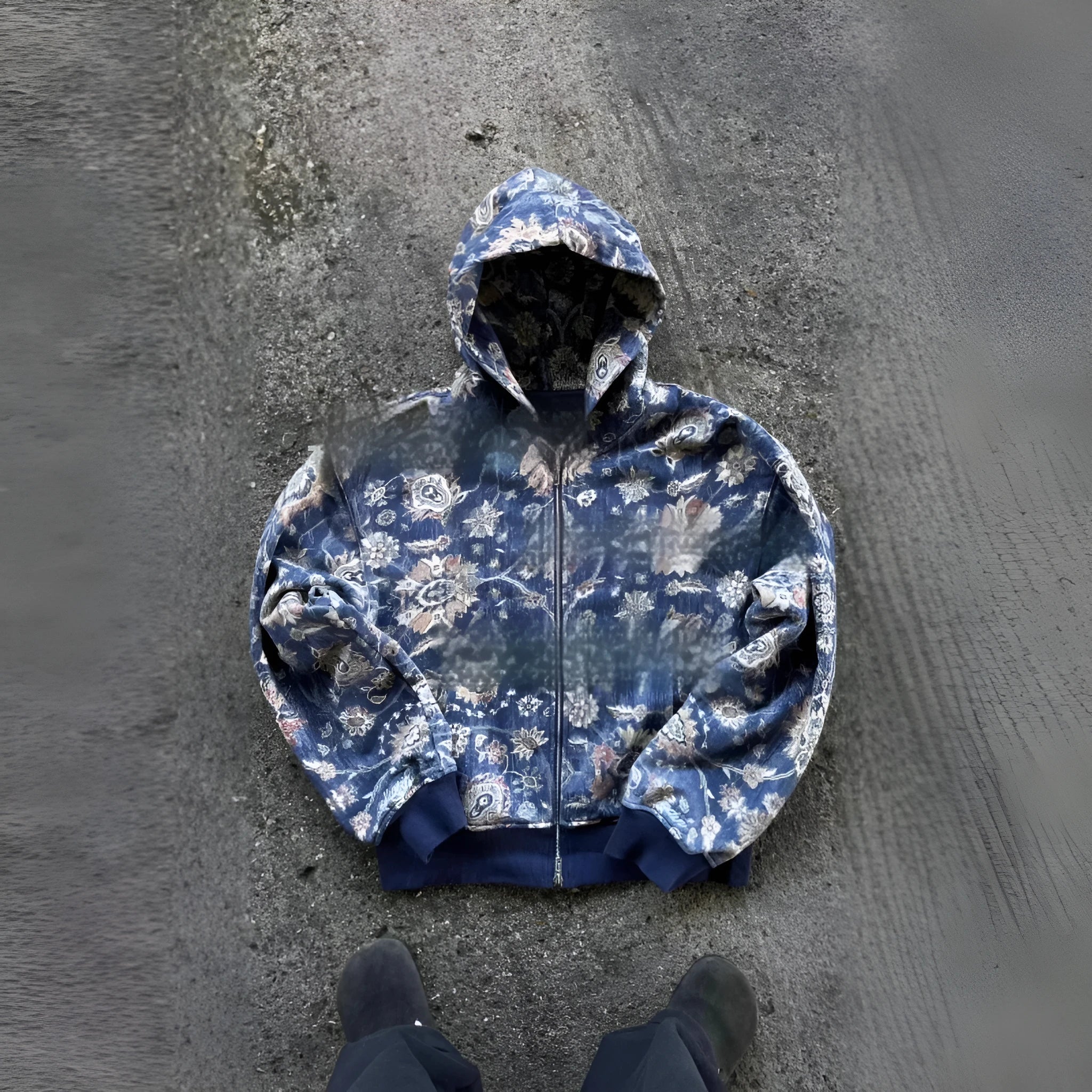 Man wearing a blue loose-fit zip-up hoodie with a hood, shown in a casual setting.