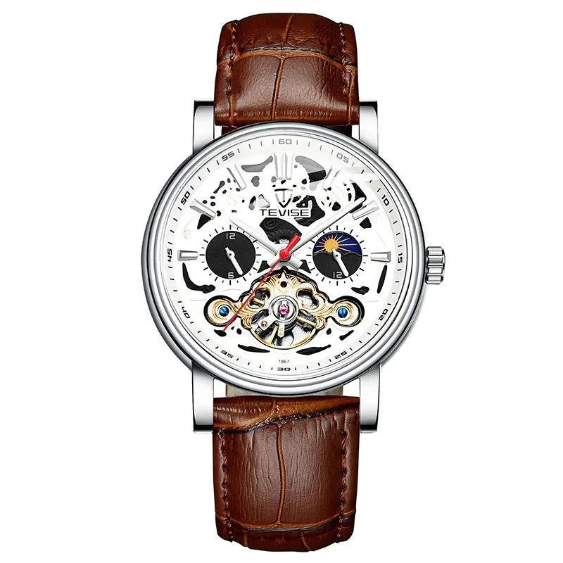 Men's waterproof luminous mechanical tourbillon watch with stainless steel case and choice of straps