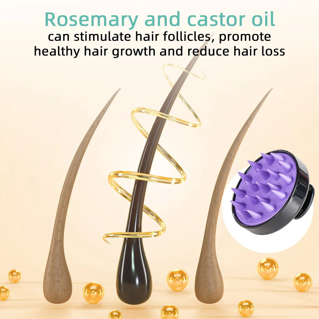 Bright yellow 118ml hair treatment oil bottle with integrated scalp massage brush for dense hair care