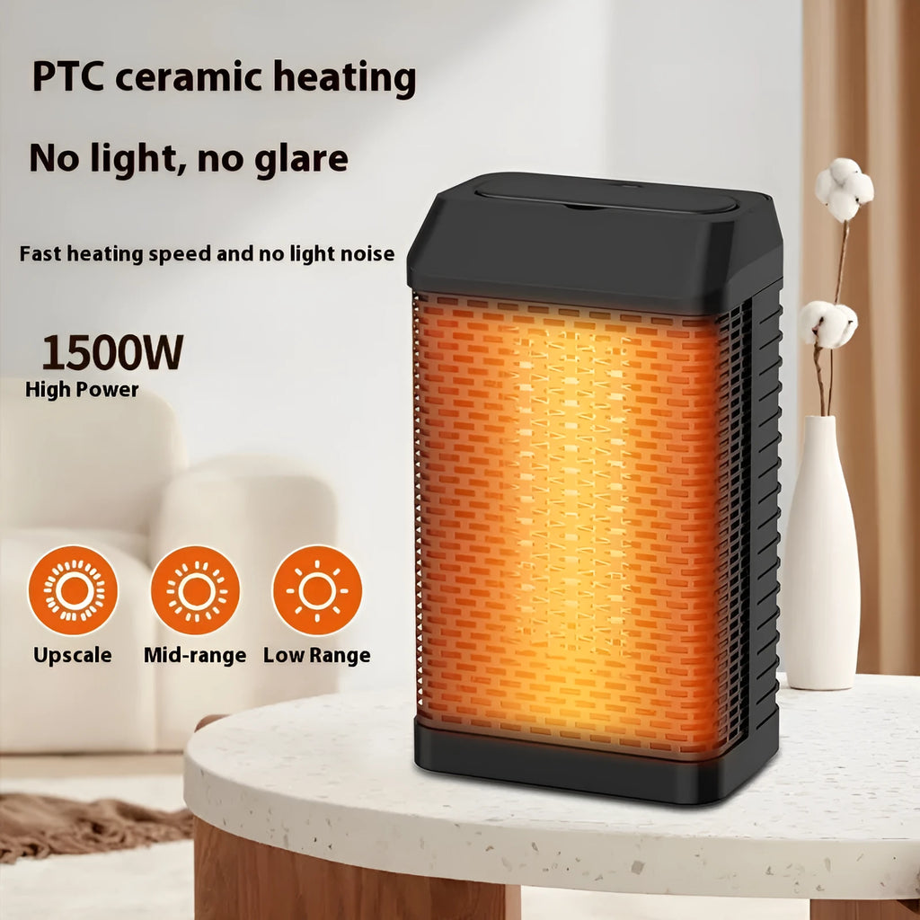 Black remote control smart desktop heater with shaking head mechanism on a desk