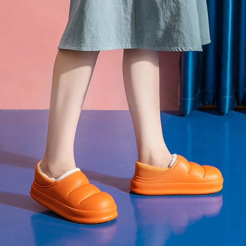 Waterproof couple cotton slippers with EVA sole in yellow, green, black, grey, pink, or orange colours