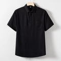 A man's loose-fit linen T-shirt with a lapel collar and short sleeves, shown in a hemp blend fabric.