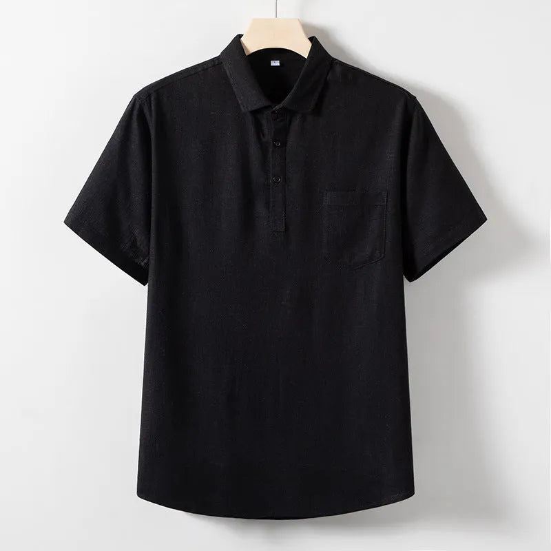 A man's loose-fit linen T-shirt with a lapel collar and short sleeves, shown in a hemp blend fabric.