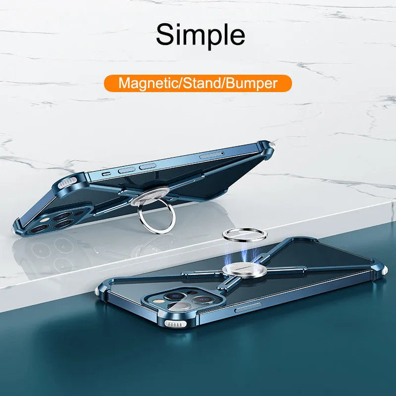 Silver X-shaped metal phone case for iPhone 12 Pro with four airbag corners and magnetic holder