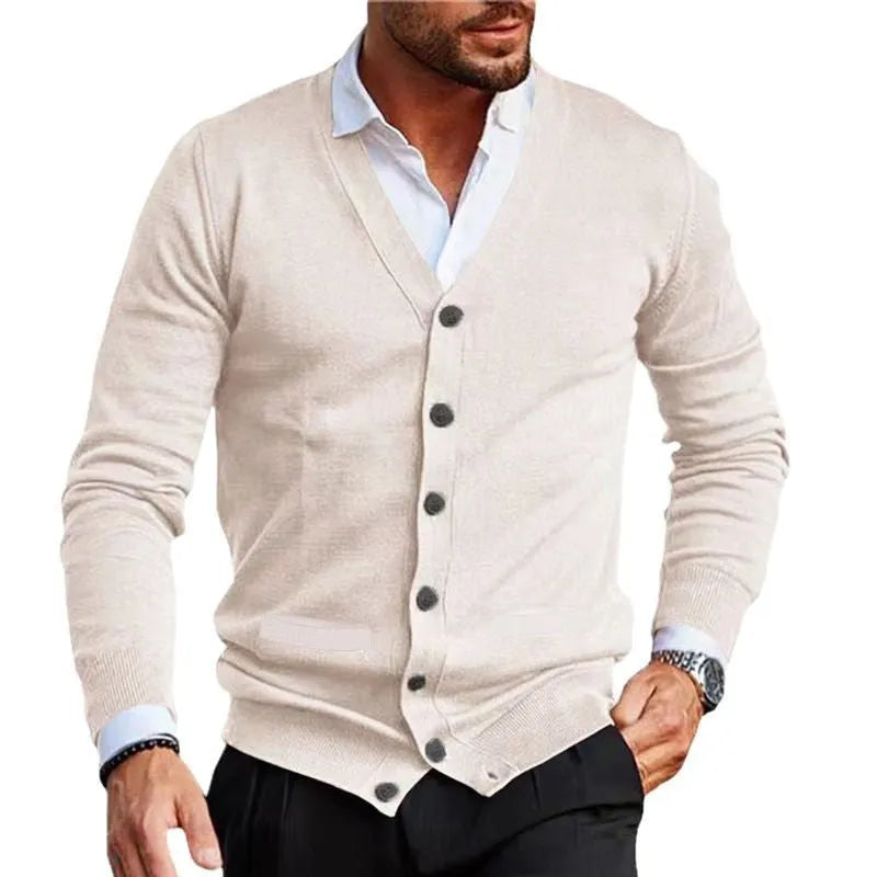 Men's slim fit acrylic cardigan sweater in a selection of colours including black, grey, and wine red.