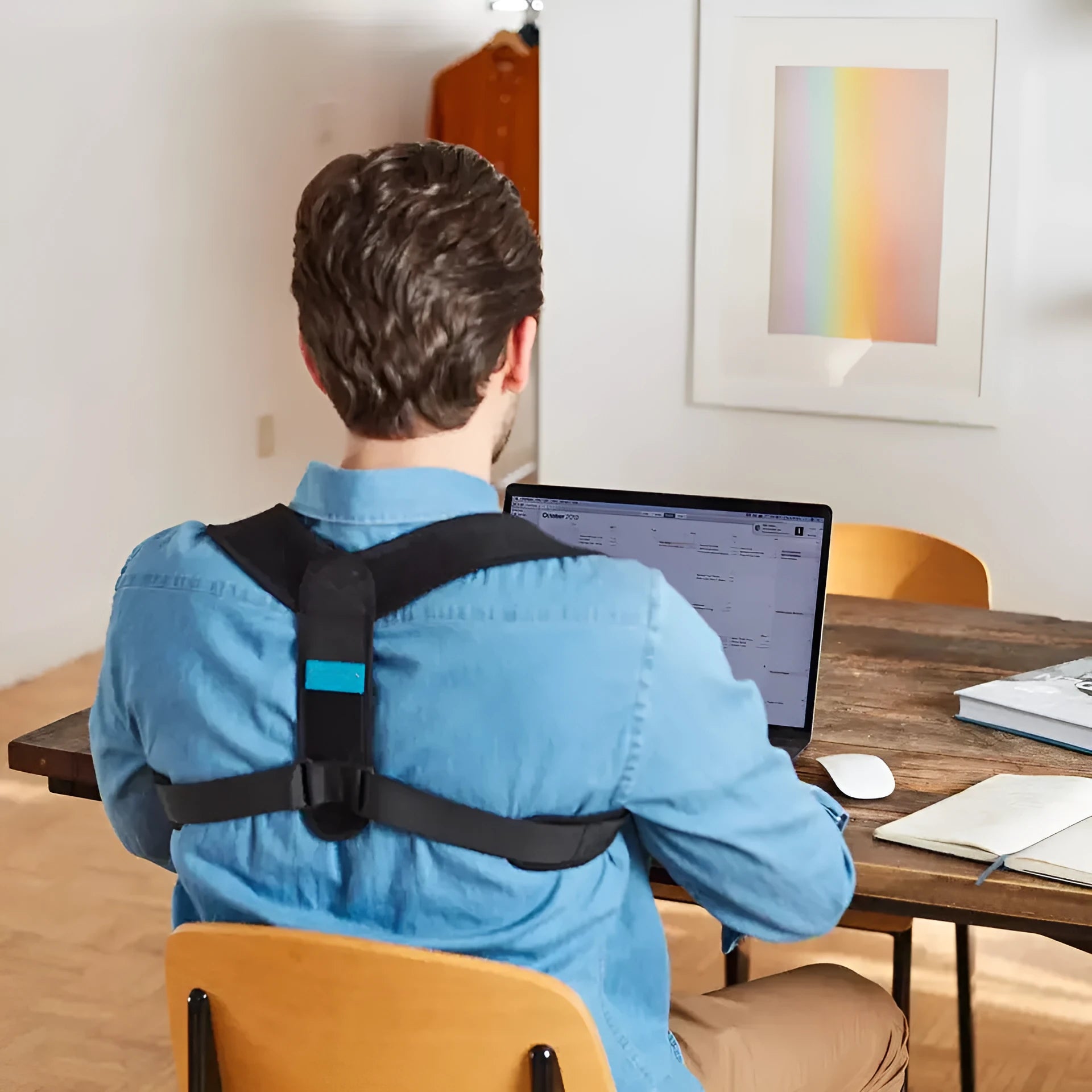 Black adjustable posture correction strap laid flat, showing its breathable material and adjustment mechanism.