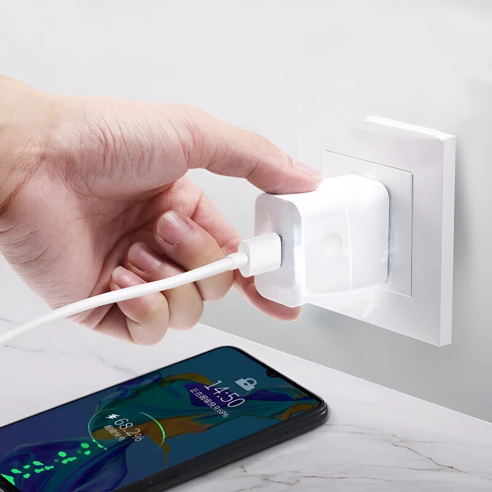 White 40W USB charger with QC3.0 and 5A fast charging cable for mobile phones on a plain background