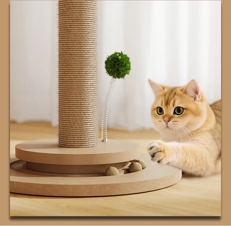 Vertical cat climbing frame with hemp rope posts in a canna colour with chamfered columns.