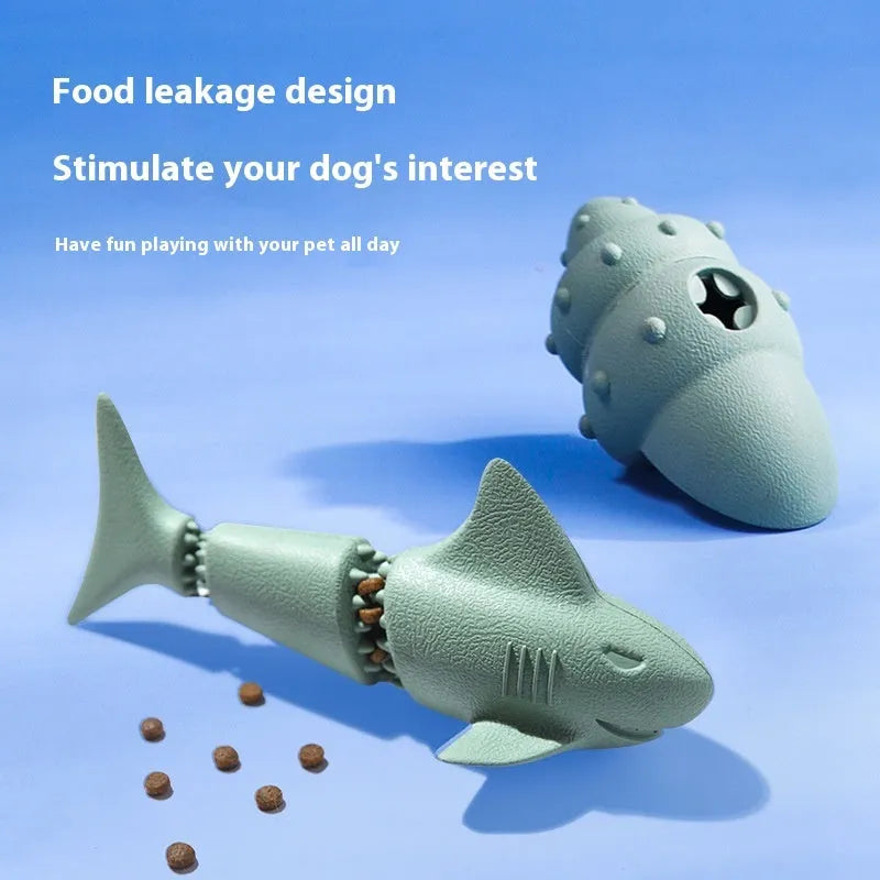 Deep sea shark shaped rubber dog toy in blue or green colours for food leakage control