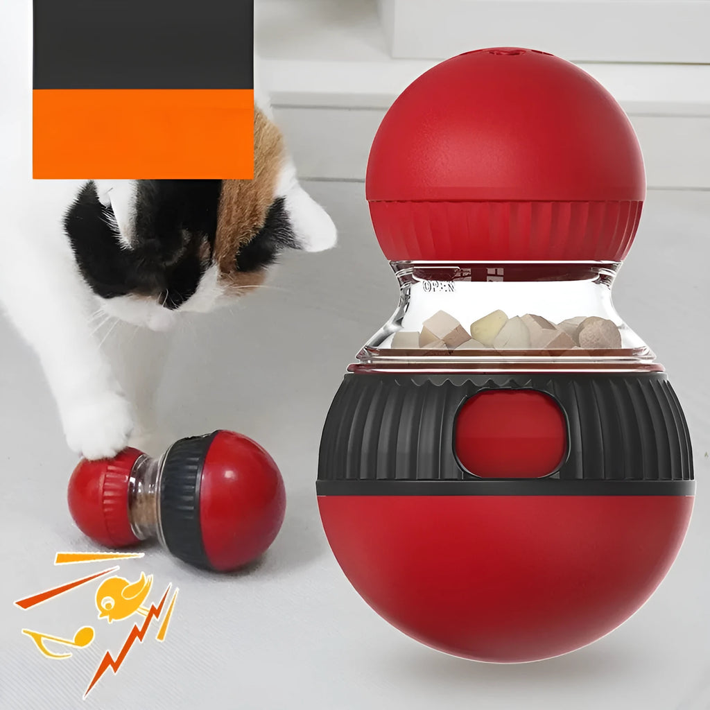 Rotating plastic cat toy with food-dropping mechanism and sound element in super ball colour