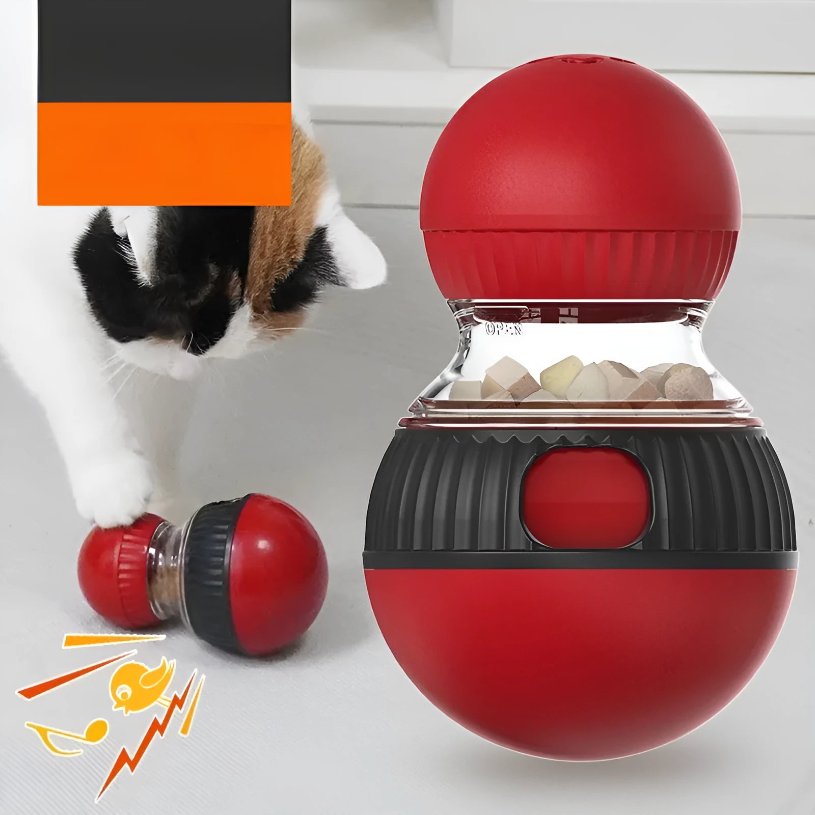 Rotating plastic cat toy with food-dropping mechanism and sound element in super ball colour