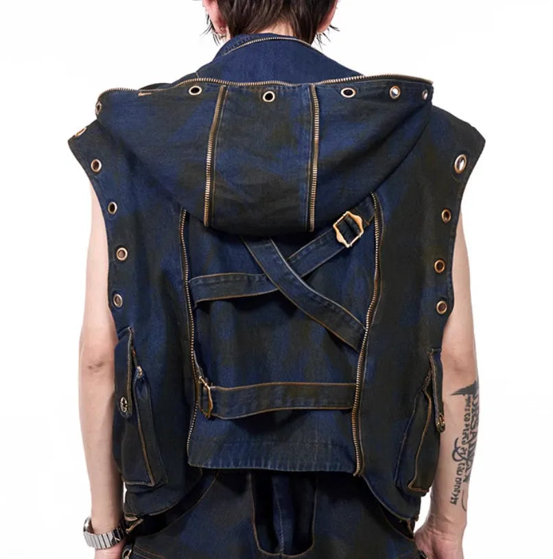 Blue heavy industry hooded denim vest and matching trousers set on a model, showing zippered front and Korean style.