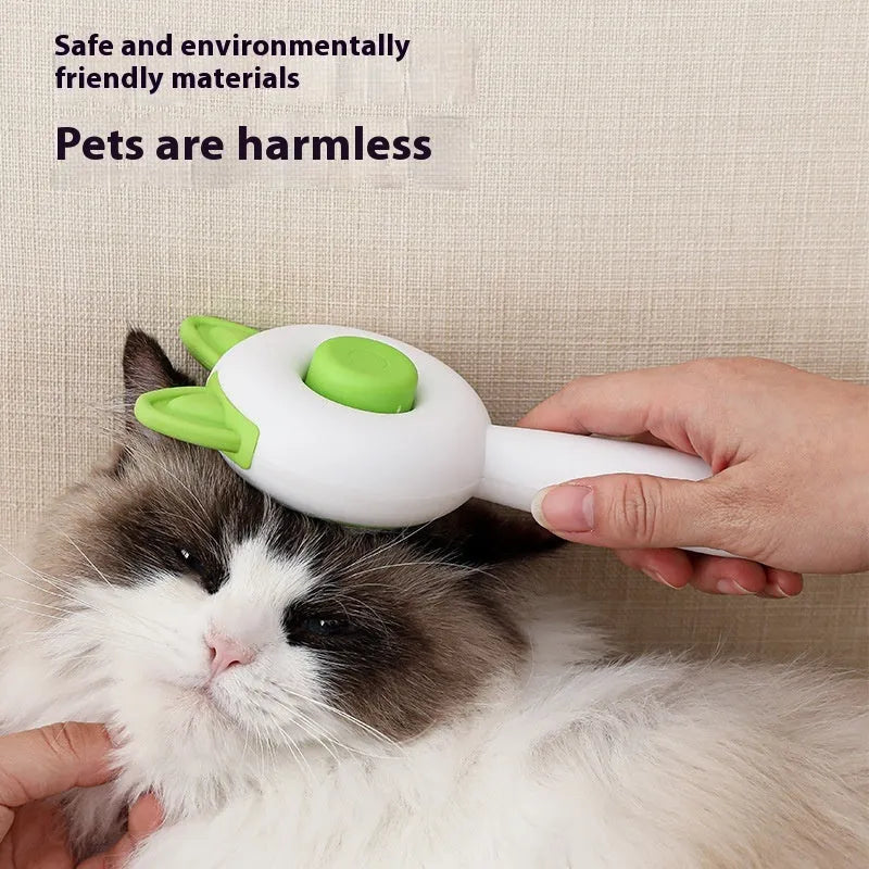 Self-cleaning cat comb grooming tool in greenish white colour with PP, TPR and stainless steel construction