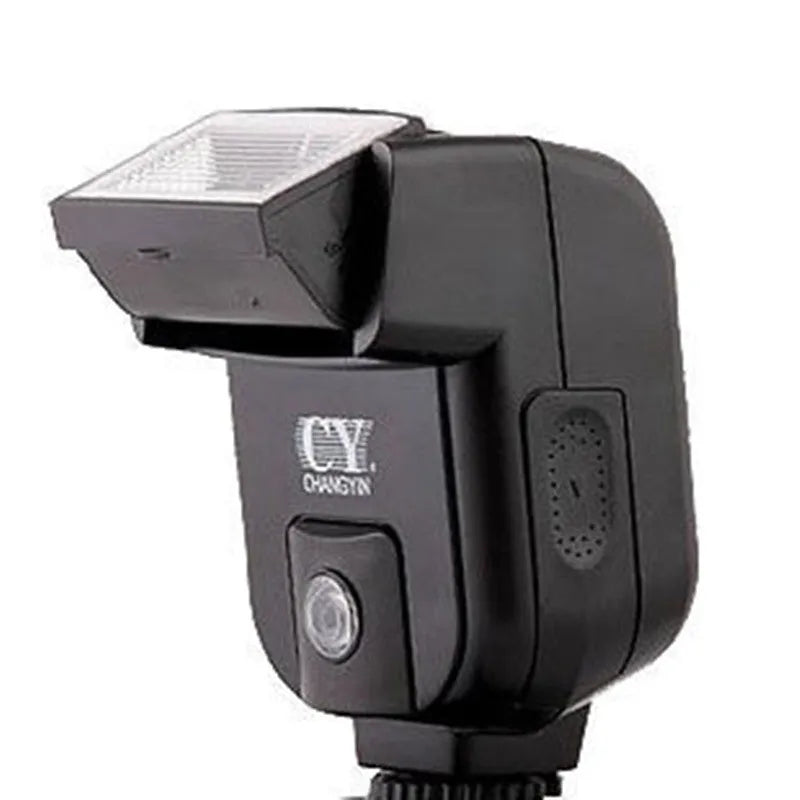 Silver hot shoe camera flash with head tilted upwards, shown mounted on an SLR camera.