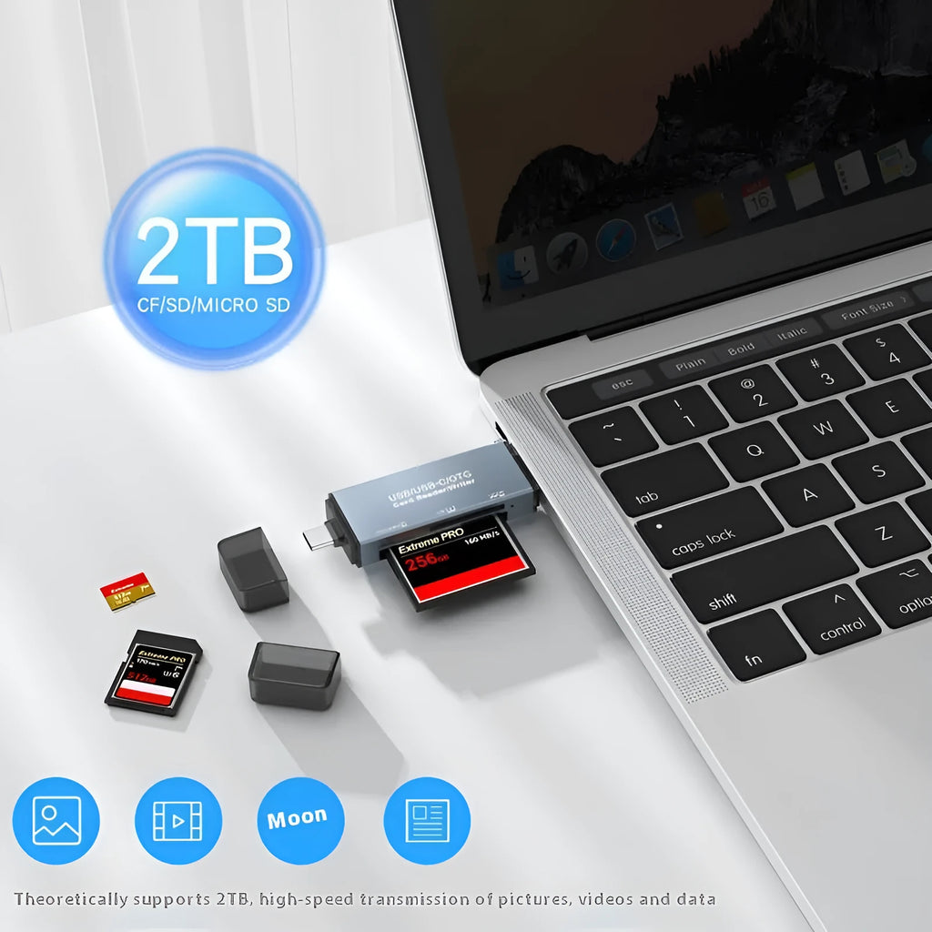 CF SD TF three-in-one USB card reader with aluminium casing showing memory card slots