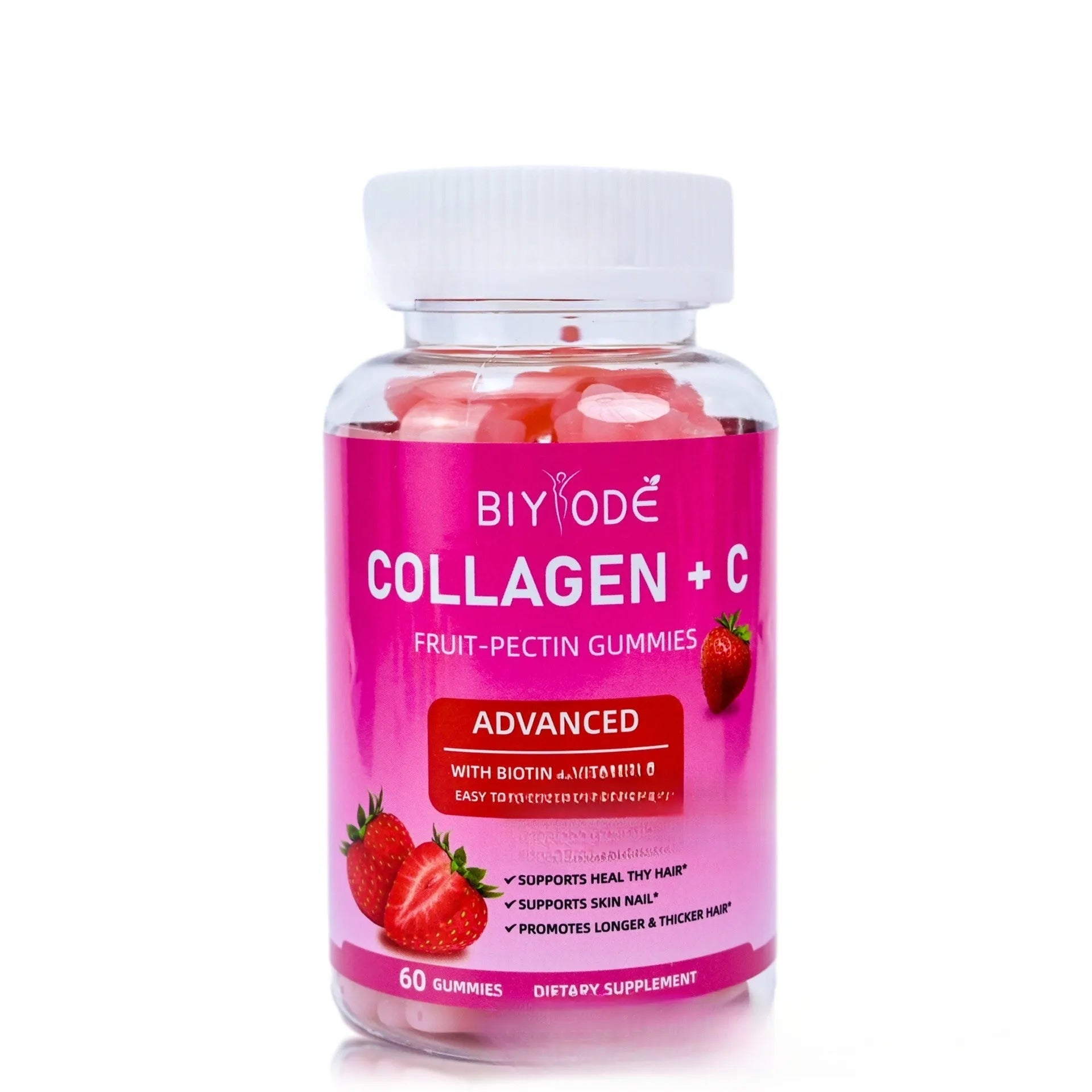Bottle of Vitamin C Biotin Collagen Gummies for Women, 60 soft candy pieces per bottle