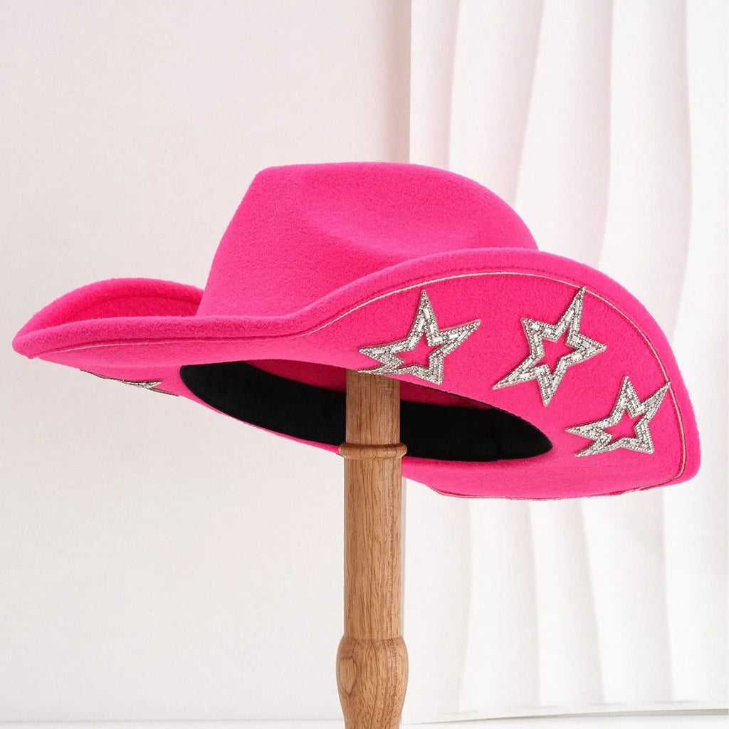 Polyester western top hat with conical crown and hexagonal star detail in size M.